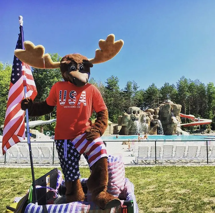 moose hillock mascot in front of large swimming pool at moose hillock resort in lake george ny