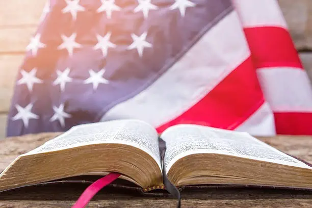open bible, American flag, patriotic